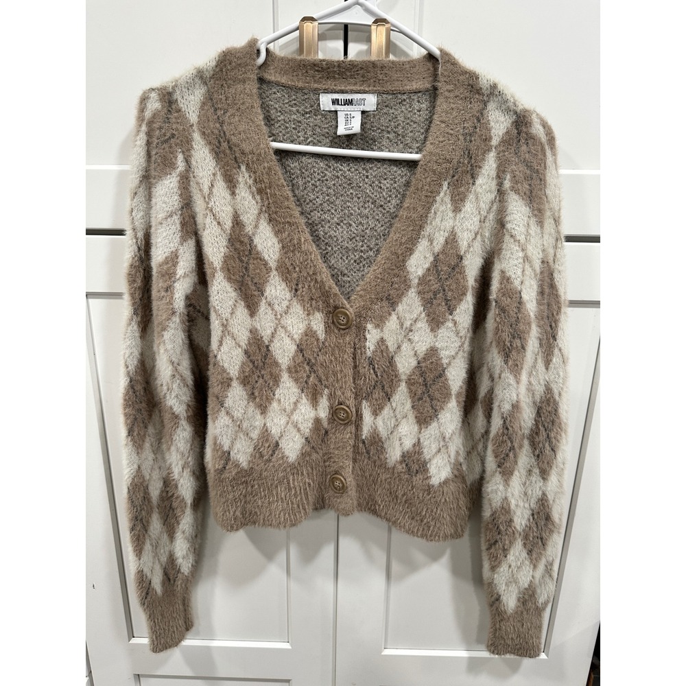 William Rast Women's Argyle Cardigan Sweater Sz S Fuzzy Knit V-Neck Button Up